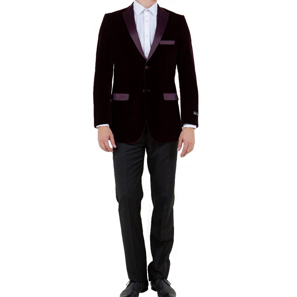 Solid Wine Velvet Satin Peak Lapel